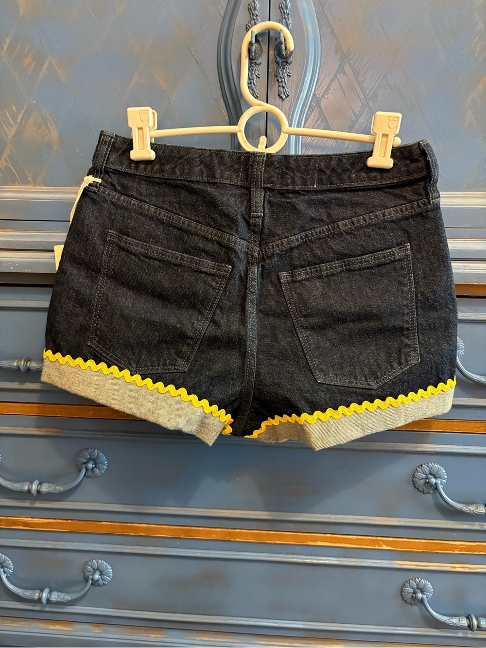 Classic Dark Denim Women's Shorts with Handstiched Yellow Rick-Rack Trim Retro